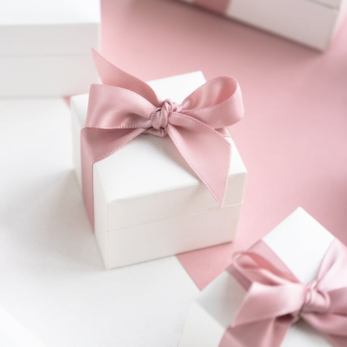 A white box with pink ribbon on top of it.