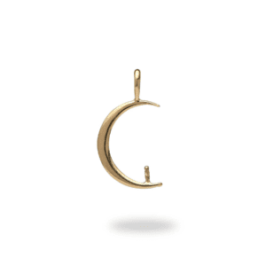 A gold crescent moon charm hanging from the side of a chain.