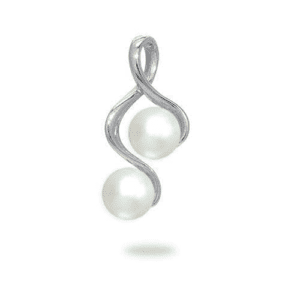 A silver pendant with two white pearls on it.