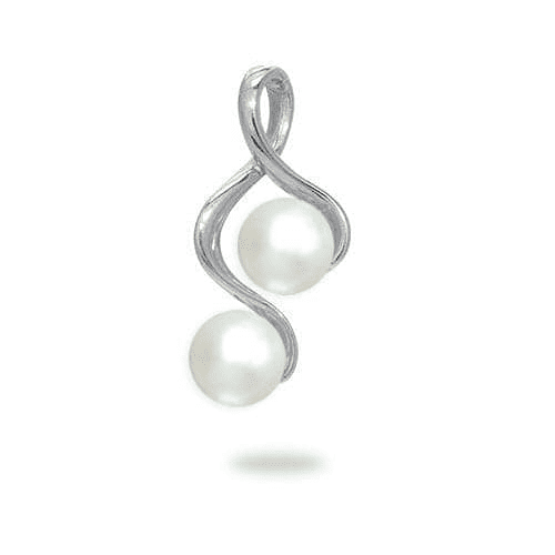 A silver pendant with two white pearls on it.