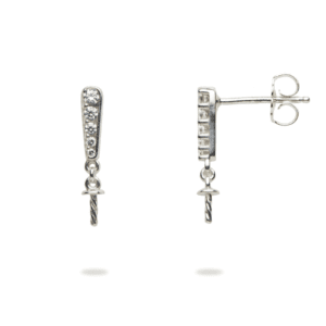 A pair of silver earrings with diamonds on top.