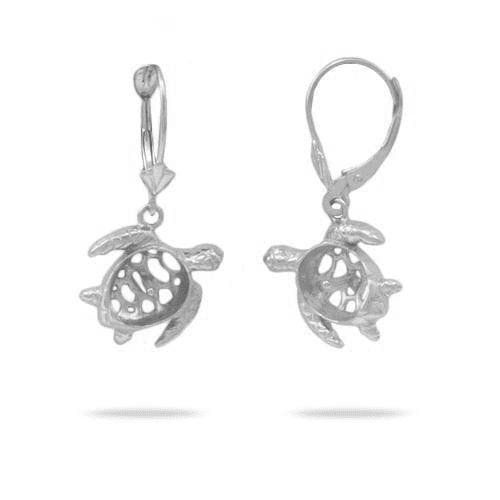 A pair of silver turtle earrings hanging from leverbacks.