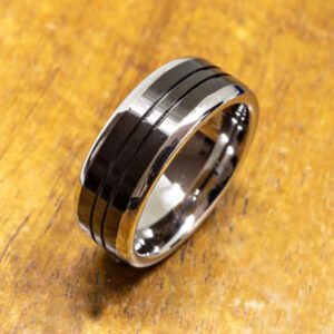2 Tone Black / Silver slim strip Tungsten Ring with Brushed Satin Center 8MM Width
